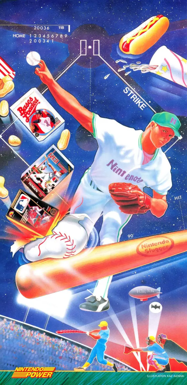 Pull-out poster from Nintendo Power issue 1 — Bases Loaded, Major League Baseball and R.B.I. Baseball