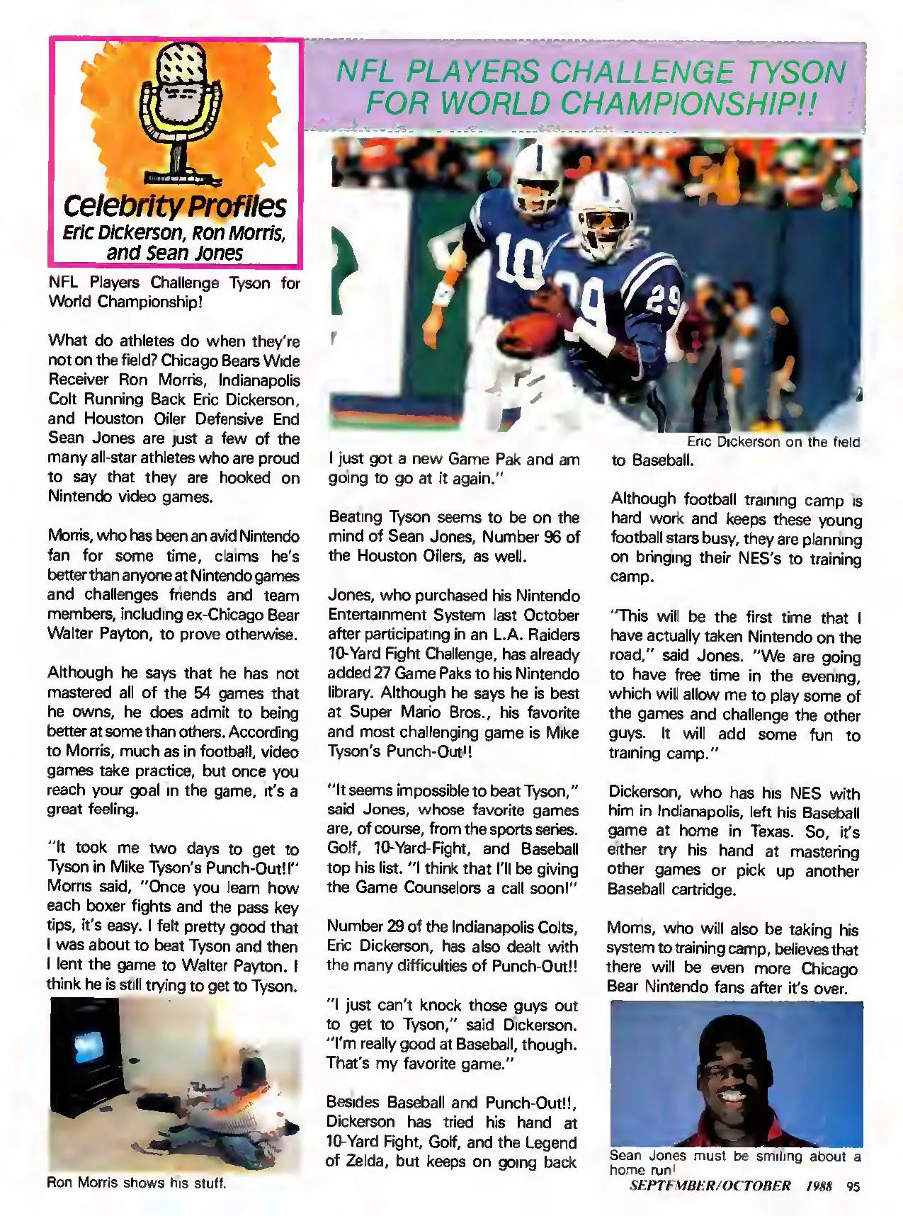 Nintendo Power issue 2 profile of Eric Dickerson and Ron Morris and Sean Jones