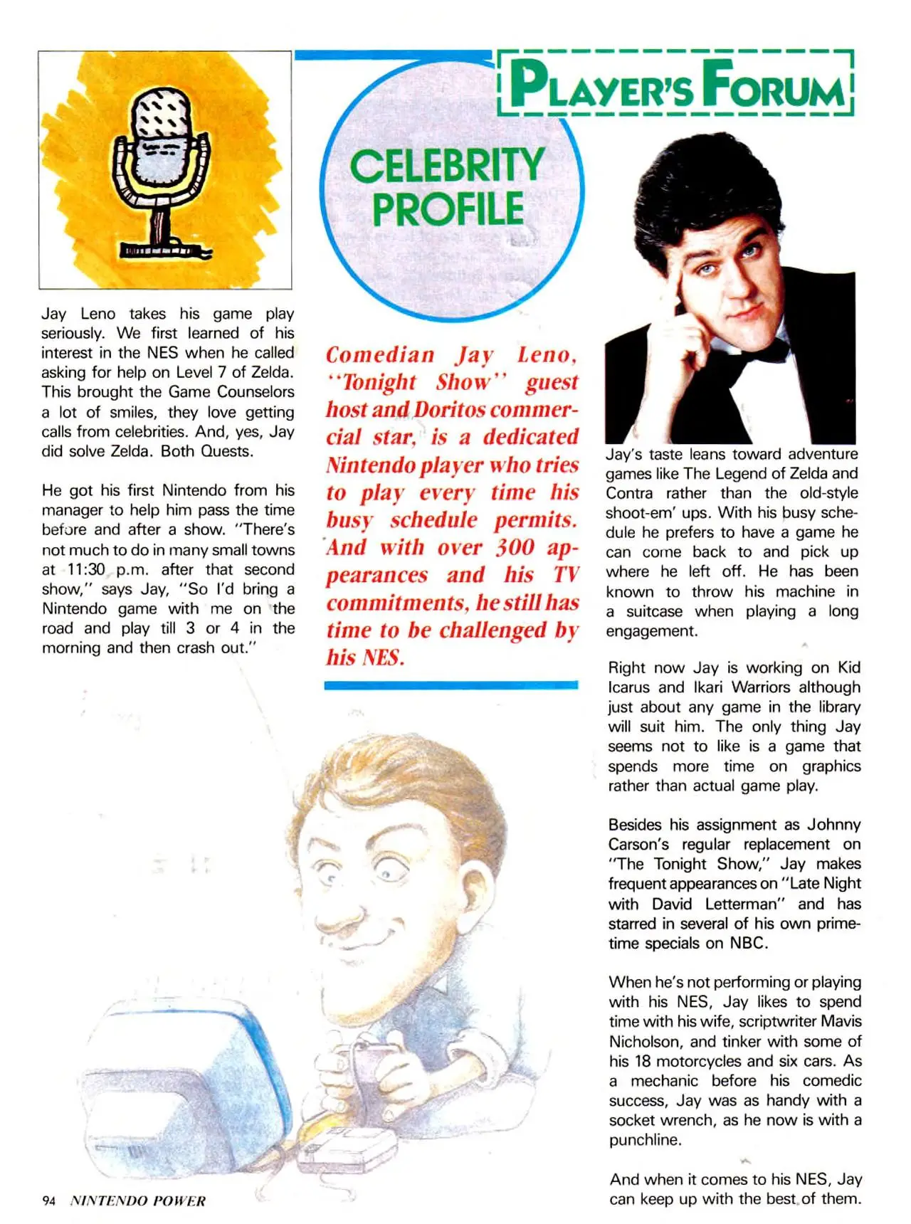 Nintendo Power issue 3 profile of Jay Leno, page 94