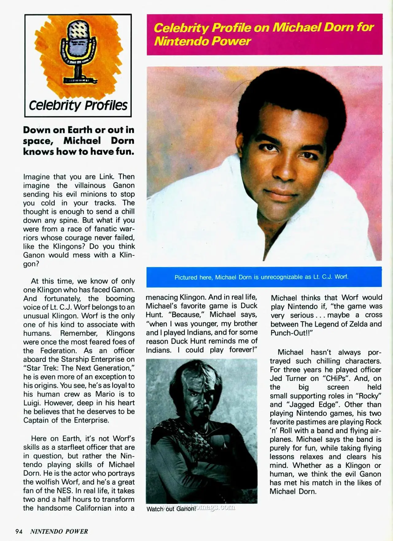 Nintendo Power issue 7 profile of Michael Dorn