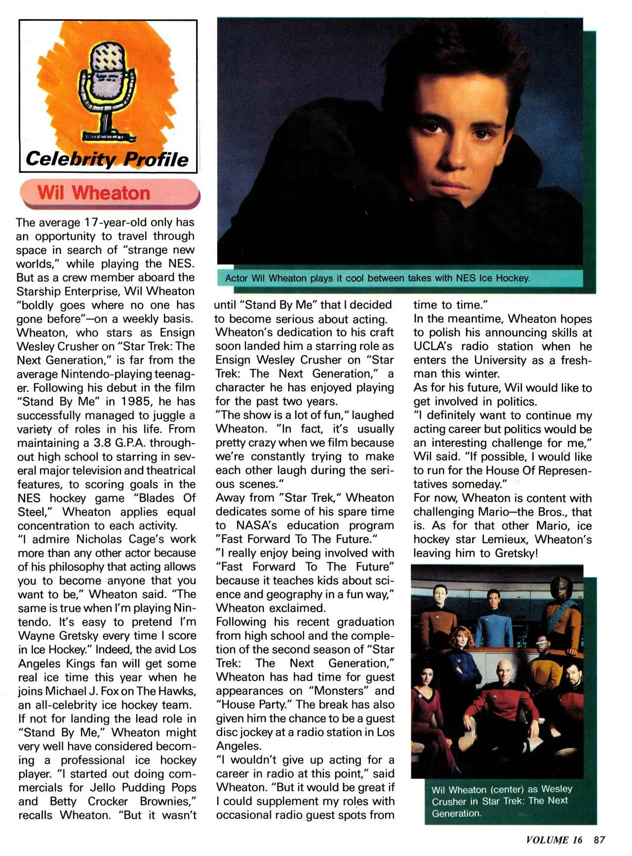 Nintendo Power issue 16 profile of Wil Wheaton, page 87