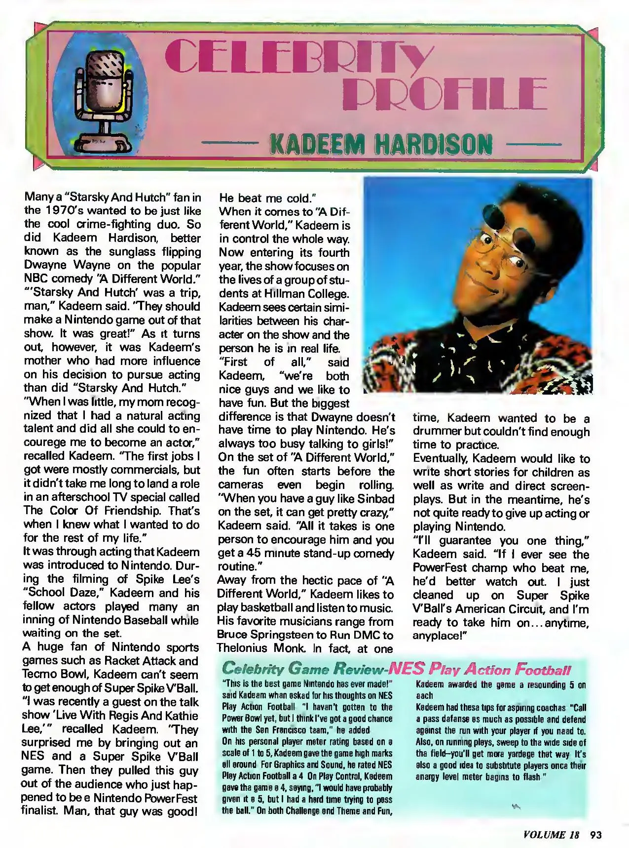 Nintendo Power issue 18 profile of Kadeem Hardison, page 93