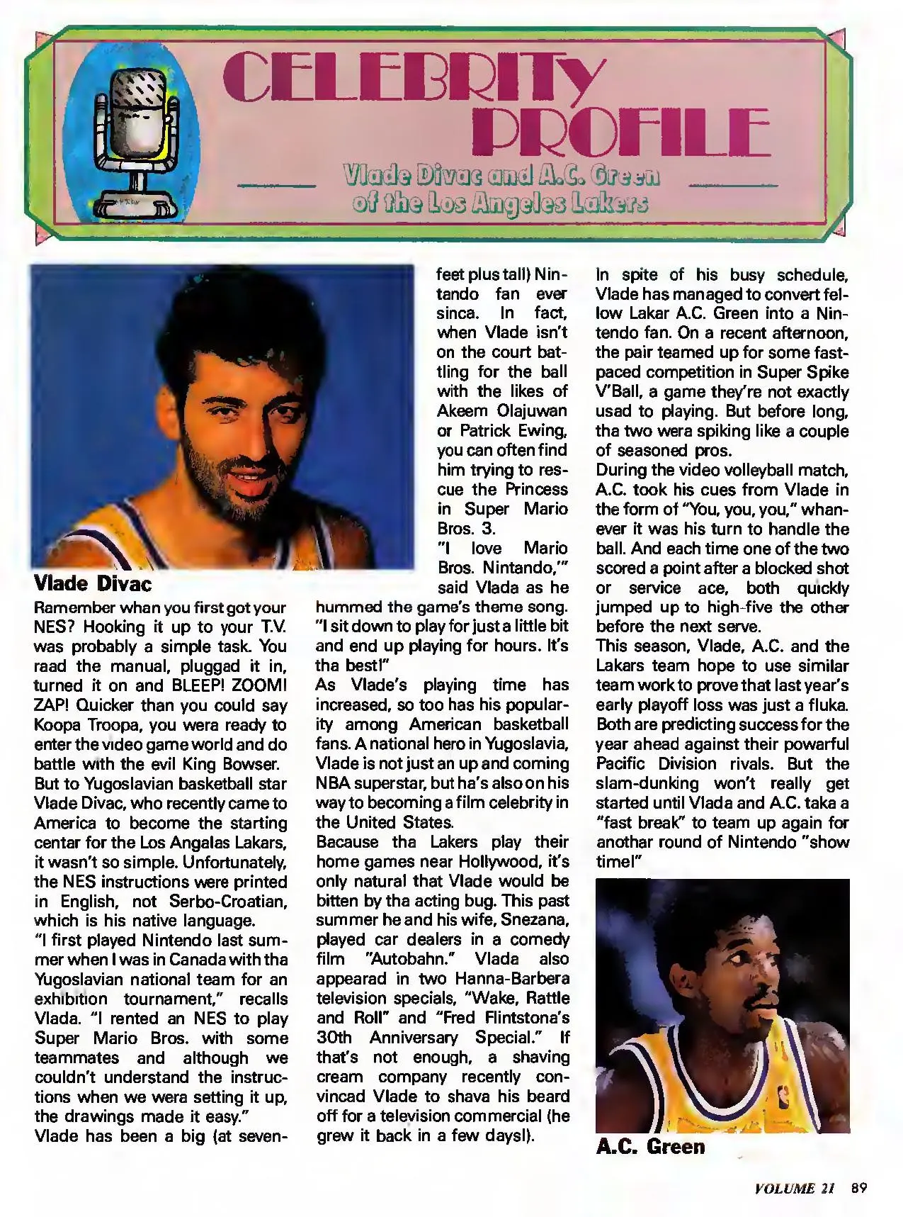 Nintendo Power issue 21 profile of Vlade Divac and A.C. Green, page 89