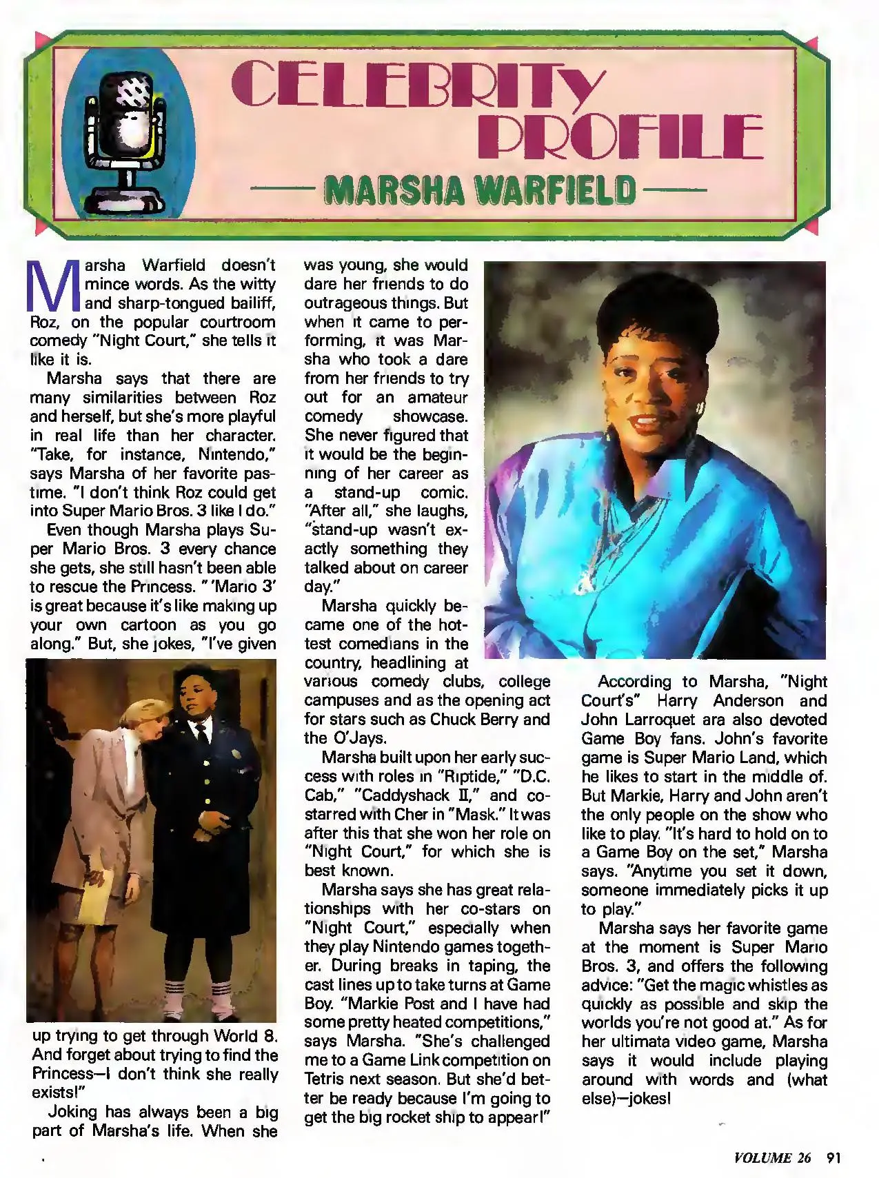 Nintendo Power issue 26 profile of Marsha Warfield, page 91