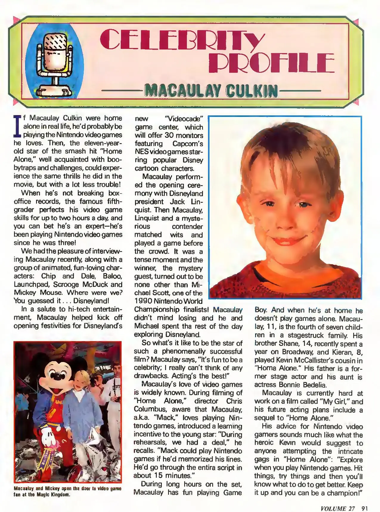 Nintendo Power issue 27 profile of Macaulay Culkin, page 91