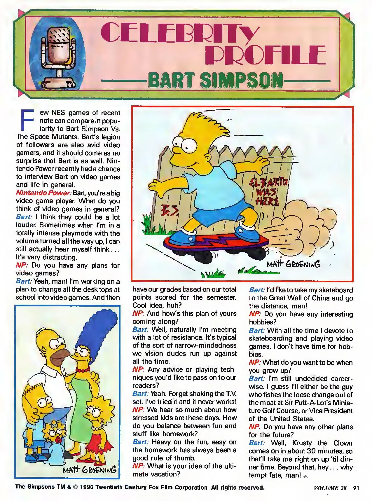 Nintendo Power issue 28 profile of Bart Simpson, page 91