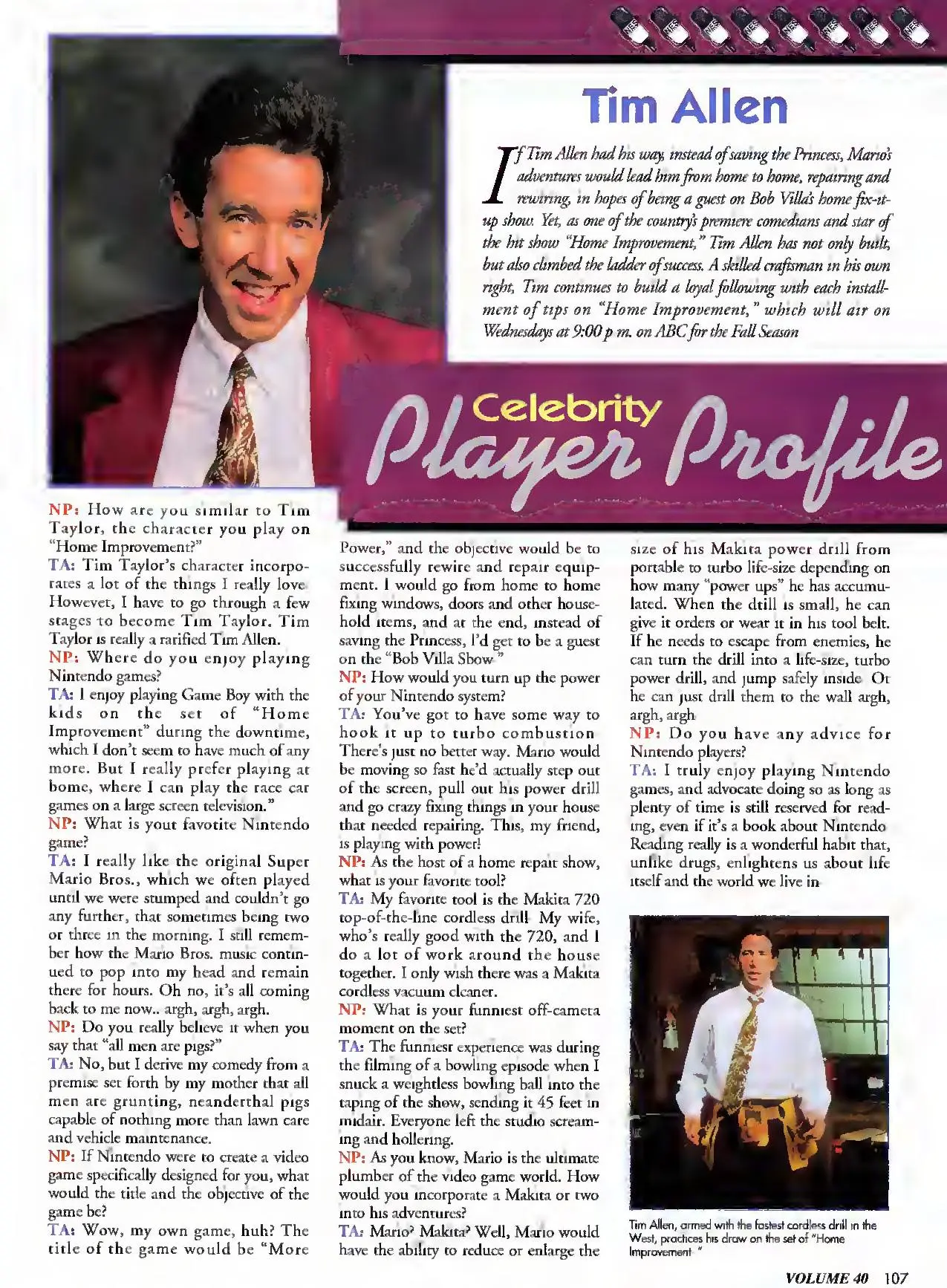 Nintendo Power issue 40 profile of Tim Allen, page 107