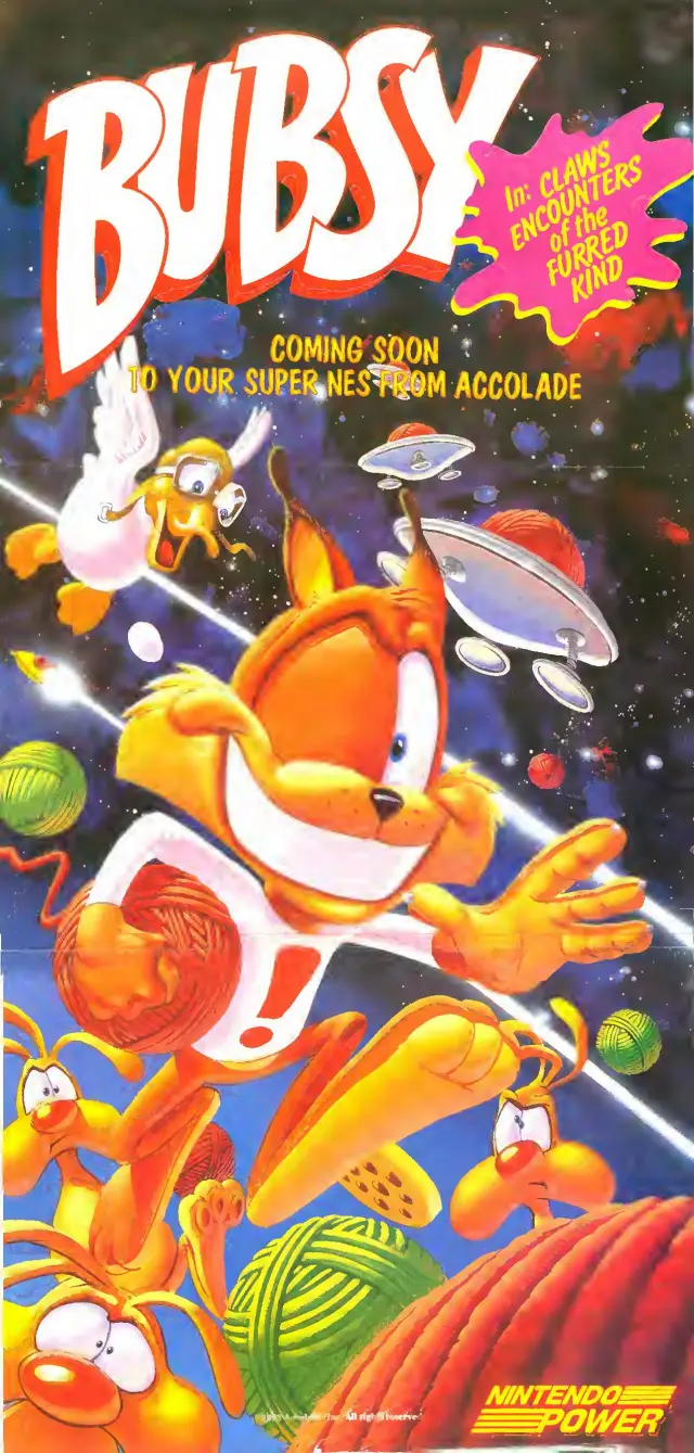 Pull-out poster from Nintendo Power issue 48 — Bubsy in Claws Encounters of the Furred Kind